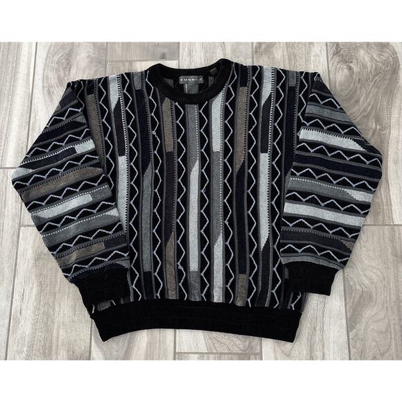 VTG Tundra Canada Mens 3D Knit Textured Sweater Size S Black Gray Retro Flaw* - Picture 1 of 14